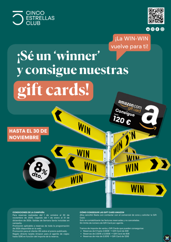 Win Win hst 120 € gift Cards para tí! 8% dto para tu cliente para reservas hsta  30.11- últimos días de venta