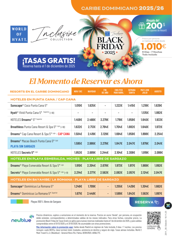 ¡Tasas Gratis! Black Friday Caribe Dominicano. Reserva hasta el 1 Dic con Newblue y Hyatt Inclusive Collection