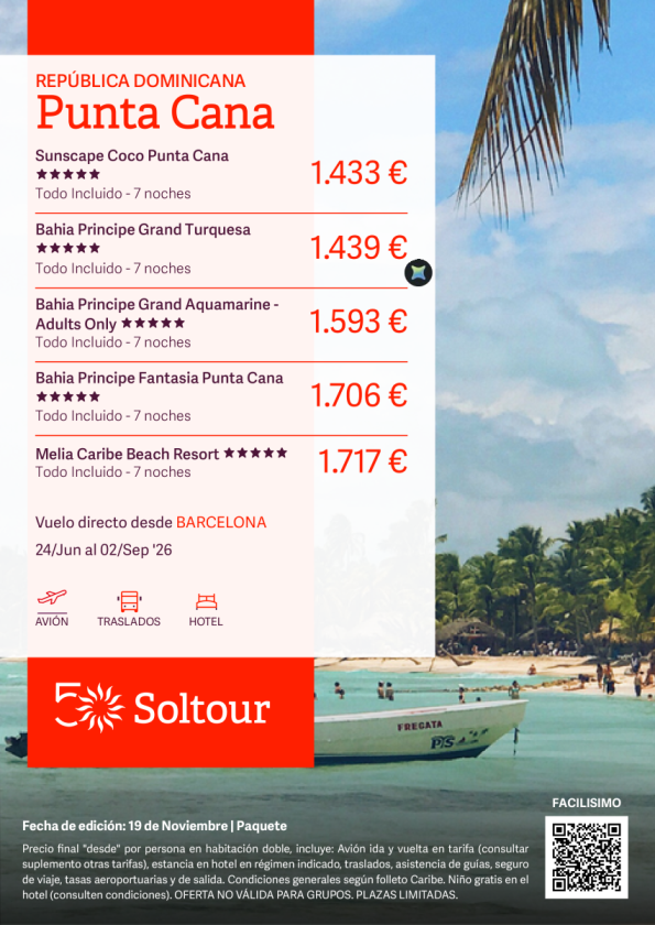 Punta Cana (República Dominicana) desde 1.433 € , salidas del 24 Junio al 2 Septiembre desde Barcelona
