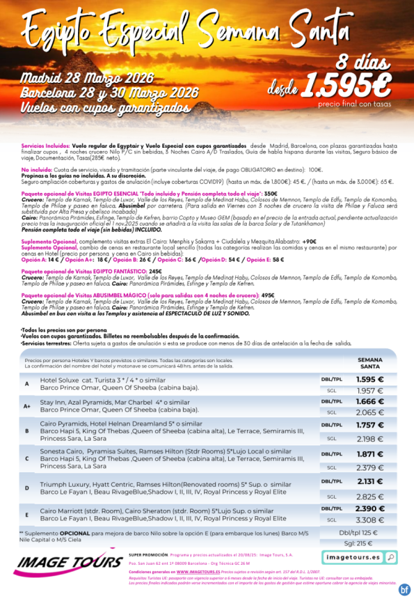 Egipto Charter Semana Santa 2026, con cupos y precios desde 1.595 € 