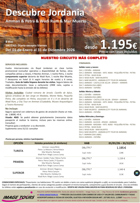 *Ofertón* Descubre JORDANIA 2026, circuito 8 días Amman, Petra, Wadi rum y Mar Muerto con visitas, dsd 1.195 € 