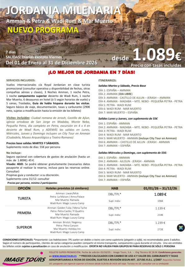 *Ofertón* JORDANIA Milenaria 2026, circuito 7 días Amman, Petra, Wadi rum y Mar Muerto con visitas, dsd 1.089 € 