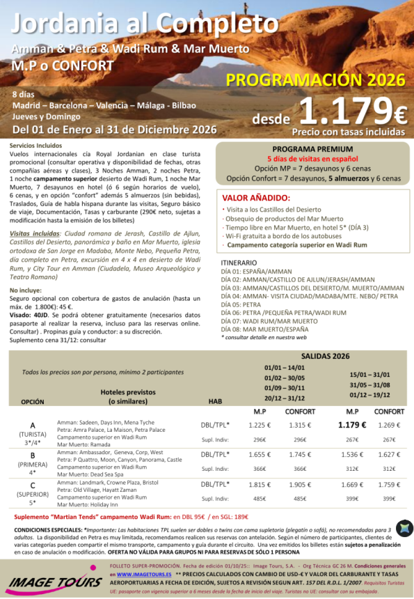 JORDANIA al Completo *Circuito 8 días Premium*  con Mar Muerto y campamento superior en Wadi Rum, desde 1.179 € 