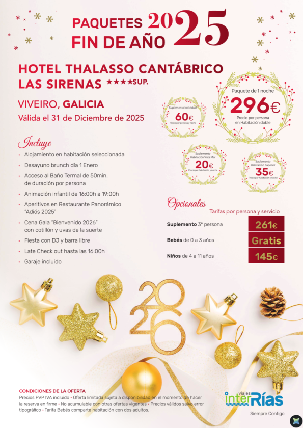 Paquete Fin de Año Hotel Thalasso Cantábrico las Sirenas 4*Sup. - Viveiro (Galicia)