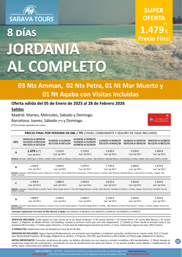 Jordania al Completo 8 días: Amman, Petra, Mar Muerto y Aqaba con Visitas Incluidas hasta Feb 27