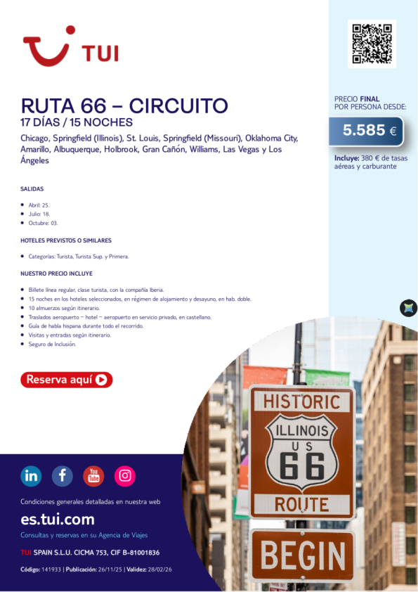 Ruta 66. Circuito. 17 días / 15 noches. Salidas 25 ABR, 18 JUL y 03 OCT desde 5.585 € 