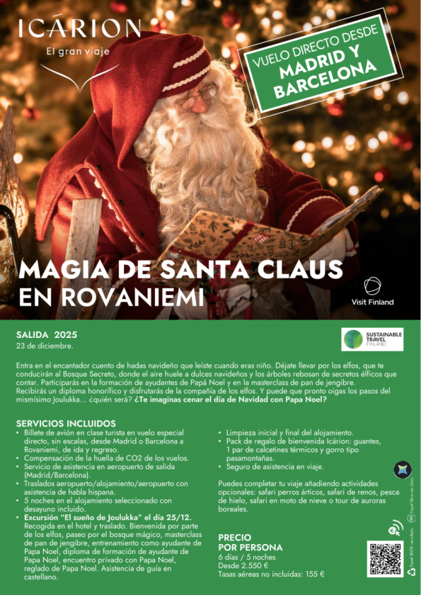 Magia de Santa Claus en Rovaniemi en Navidad. Vuelo directo desde Madrid y Barcelona