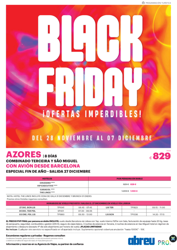 Black Friday ultimas plazas Combinado Azores Fin de Año desde Bcn salida 27 Dic 829 € 