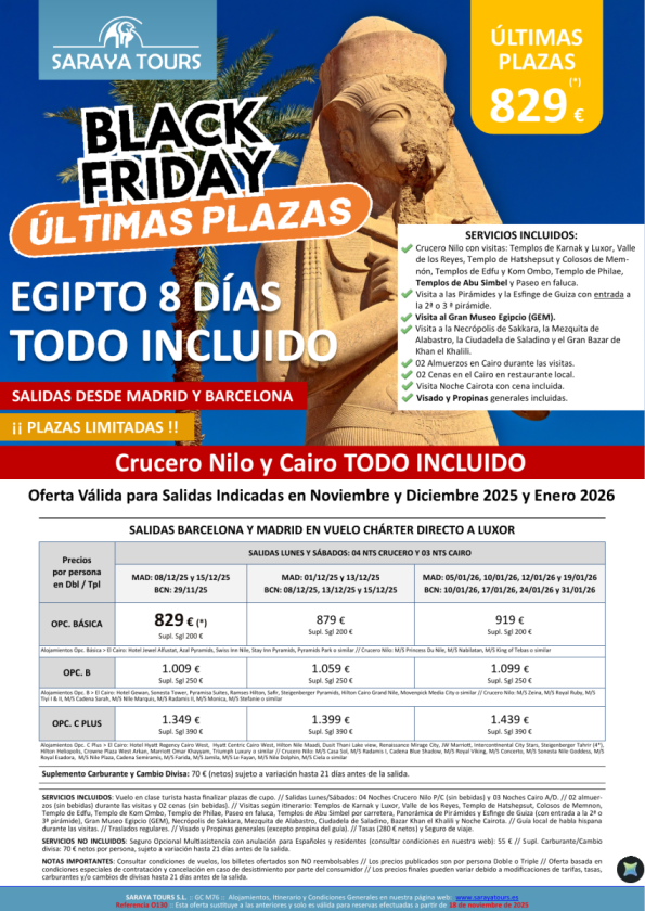 Últimas Plazas Especial Black Friday Egipto Todo Incluido 8d. Crucero Nilo y Cairo + visitas, visa y propinas
