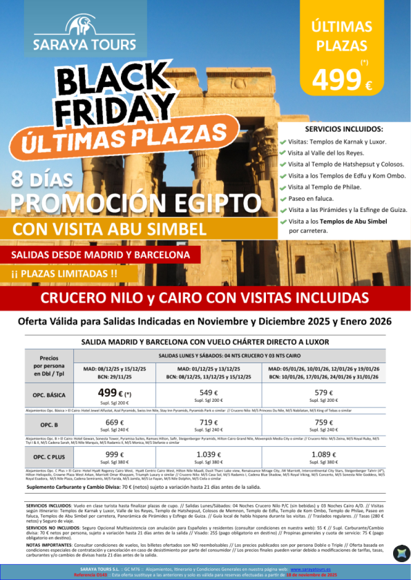 Últimas Plazas Especial Black Friday Promo Egipto con Abu  Simbel 8 días. Crucero y Cairo con visitas.