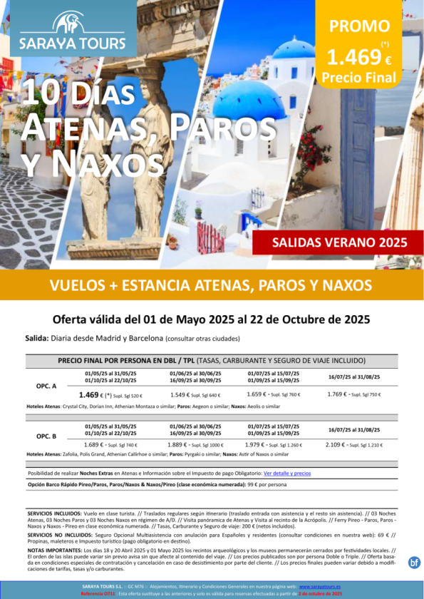 Promo Islas! Atenas, Paros y Naxos 10días: Vuelo, Hotel, Traslados y Visita Atenas Incluida hasta Oct 26