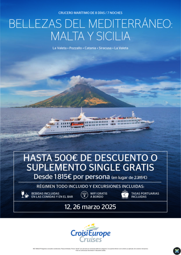 Hasta 500 € DTO. o suplemento single GRATIS - crucero Malta y Sicilia - 8 días - todo incluido - 12/03 + 26/03
