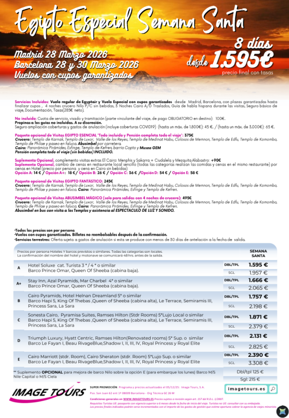 Egipto Charter Semana Santa 2026, con cupos y precios desde 1.595 € 