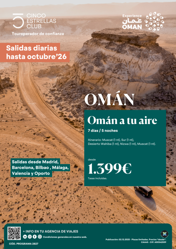 Fly&Drive Omán A Tu Aire 7 ds/5ns dsd 1.399 € sal. hasta oct\'26  dsd Mad,Bcn,Bio,Agp,Vlc,Opo