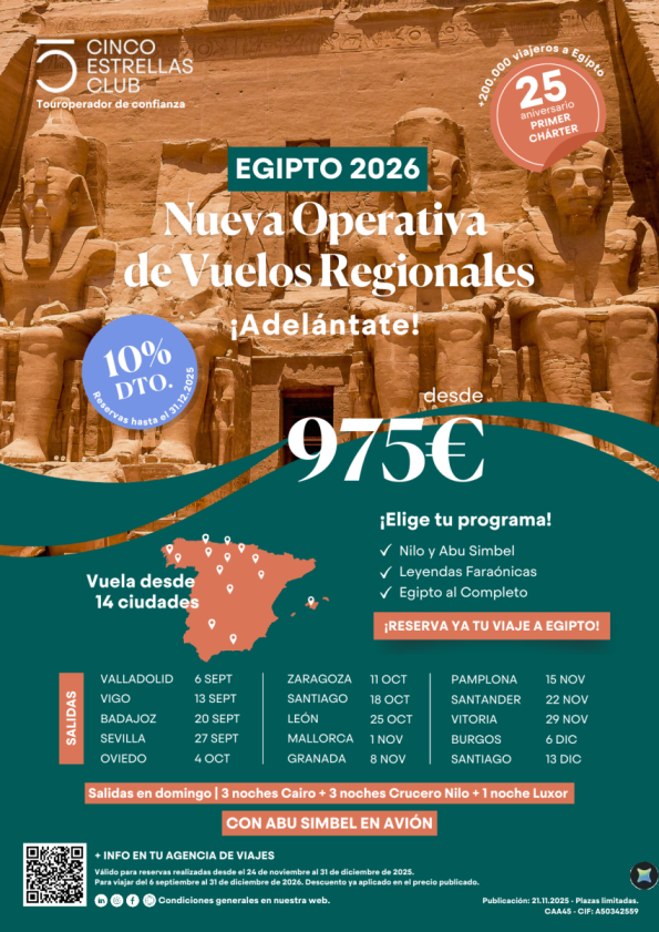 NOVEDAD!nueva operativa vuelos regionales dsd 14 ciudades  10% dto.dsd 975 € 3nts Cairo,3ntsCrucero,1nt Luxor