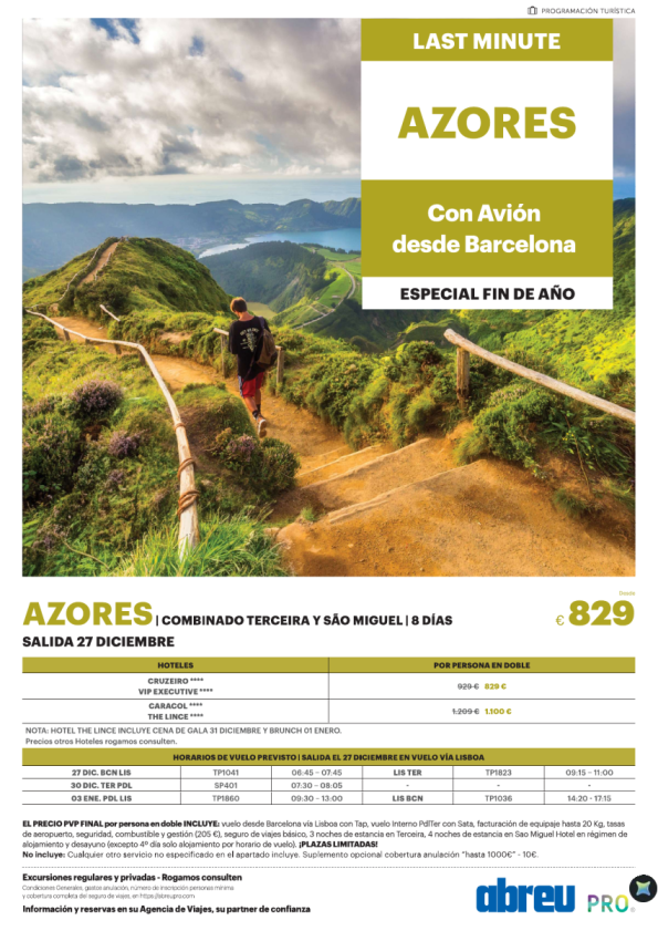 Last Minute Fin de Año  Combinado 2 Islas Azores desde Barcelona salida 27 Dic