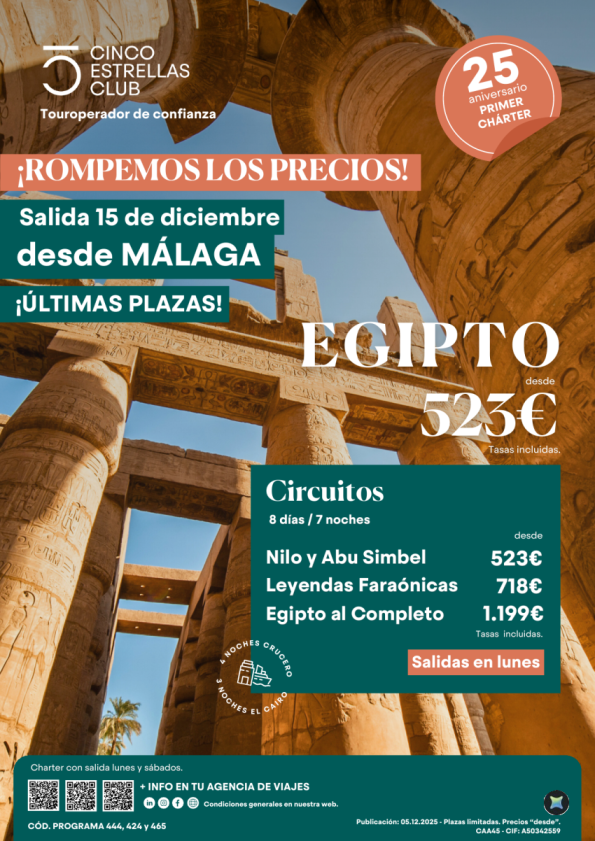 Últimas Plazas! Egipto salidas dic: 15 desde 523 € Nilo y Abu Simbel 8ds/7ns salida desde Málaga