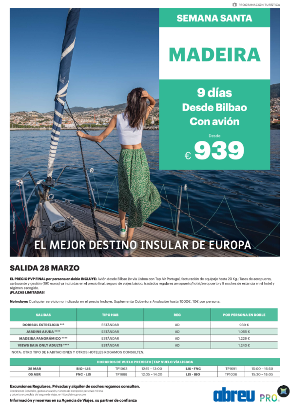 Semana Santa Madeira desde Bilbao salida 28 Marzo 9 días