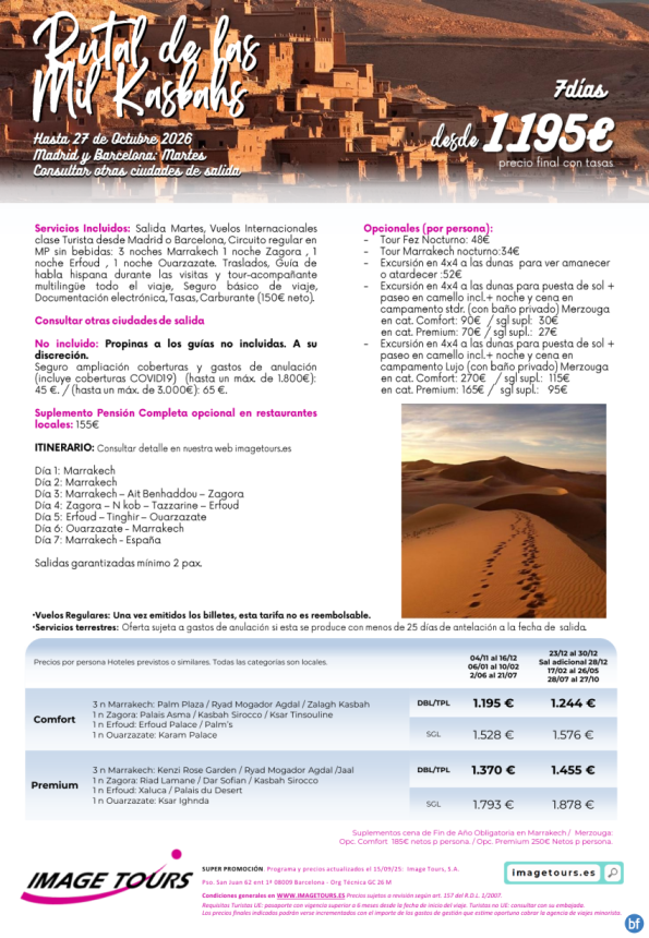 Ruta de las mil Kasbahs, 7 días de Viaje hasta Octubre 2026 desde 1195 € 