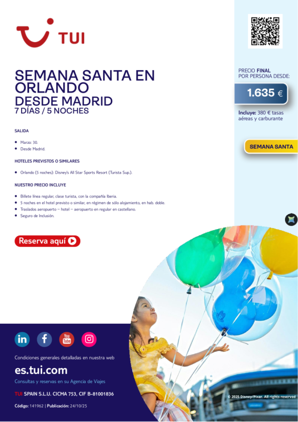 Semana Santa en Orlando. 7 días / 5 noches. 30 MAR desde MAD desde 1.635 &euro; 