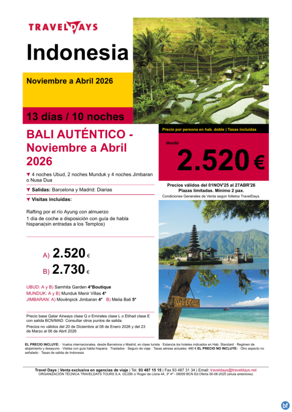 Bali Auténtico - 13 días con estancias en Ubud, Munduk y Jimbaran a partir de 2.520 &euro; 