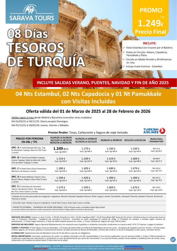 Tesoros de Turquía 8 días: Estambul, Capadocia y Pamukkale con Visitas Incluidas hasta Feb27