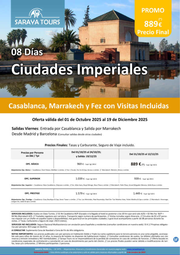 Ciudades Imperiales de Marruecos 8 días: Rak, Cmn y Fez con Visitas Incluidas hasta Diciembre 2026