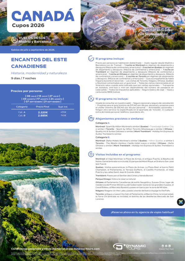 CANADÁ ?Encantos del Este Canadiense??9 días / 7 noches?(? Madrid y Barcelona) desde 2.220 &euro; 