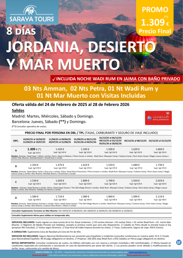 Jordania, Desierto y Mar Muerto 8 días: Amman, Petra, Wadi Rum, Mar Muerto con Visitas hasta Feb 27