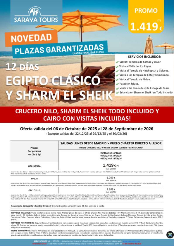 Egipto Clásico y Sharm el Sheik 12días * Vlo charter Madrid * Crucero Nilo+Sharm el Sheik+Cairo. Hasta Sept 26