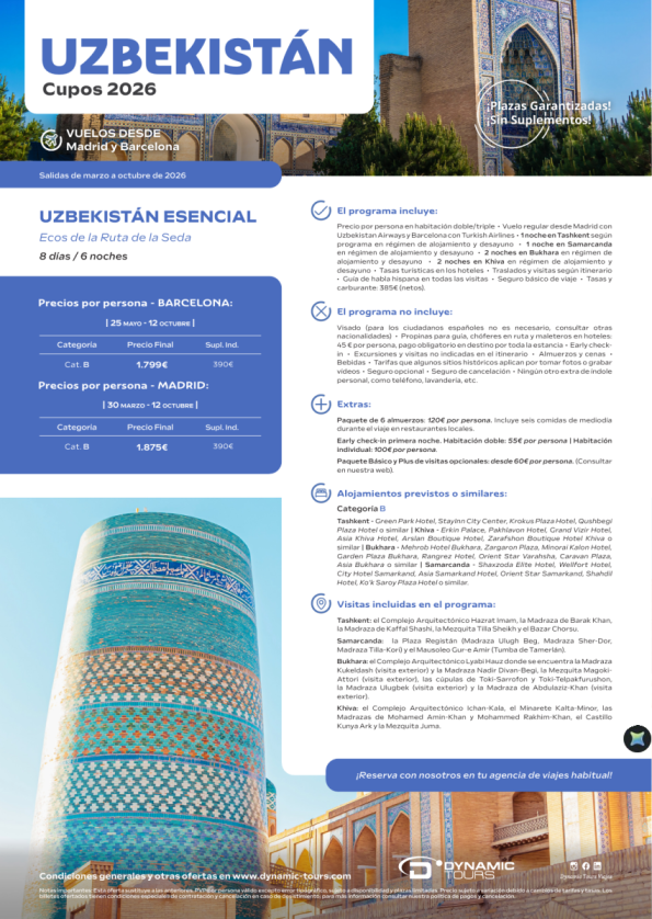 UZBEKISTÁN ?Uzbekistán Esencial??8 días / 6 noches?(? Madrid y Barcelona) desde 1.799 &euro; 