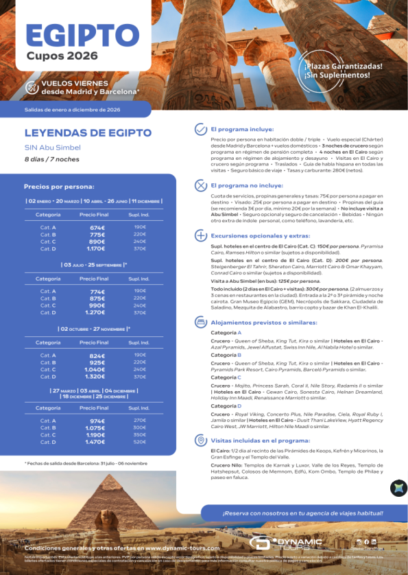 EGIPTO ?Leyendas de Egipto SIN Abu Simbel??3cru+4cai?(? Madrid y Barcelona) desde 674 &euro; 