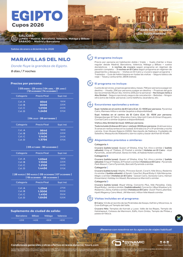 EGIPTO ?Maravillas del Nilo??4cru+3cai?(? Madrid, Barcelona, Valencia, Málaga y Bilbao) desde 834 &euro; 