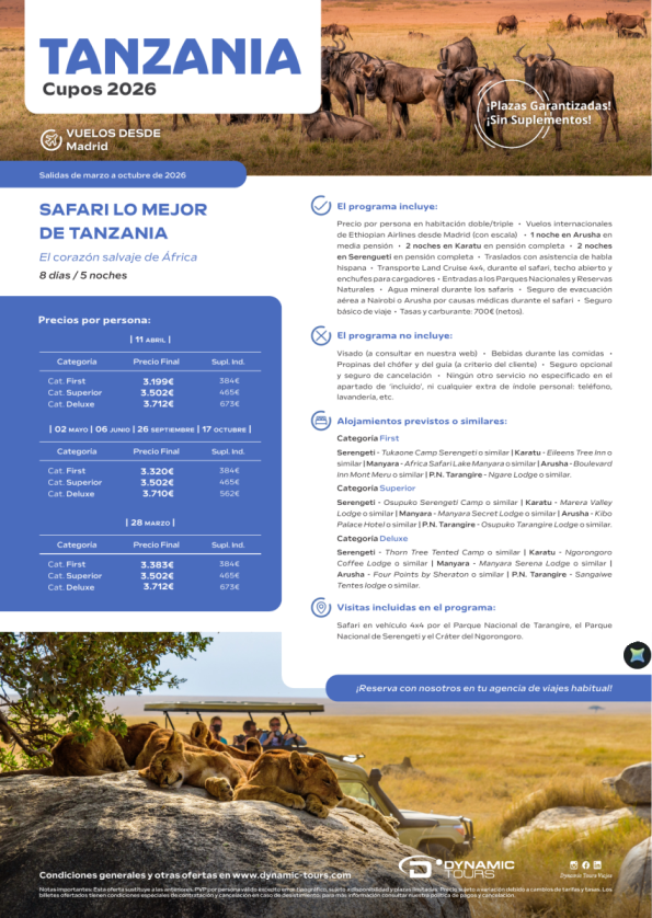 TANZANIA ?Safari lo mejor de Tanzania??8 días / 5 noches?(? Madrid) desde 3.199 &euro; 