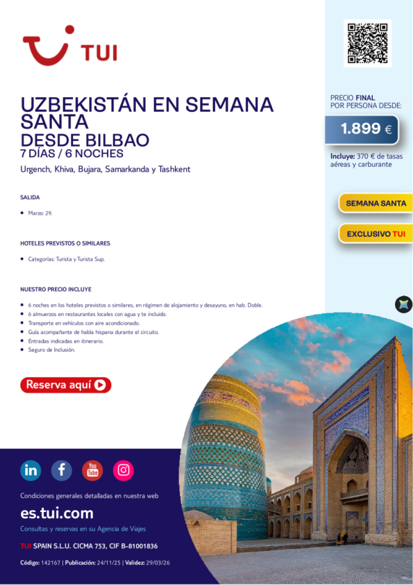 Uzbekistán en Semana Santa. 7 días / 6 noches. Exclusivo TUI. 29 MAR desde BIO desde 1.899 &euro; 
