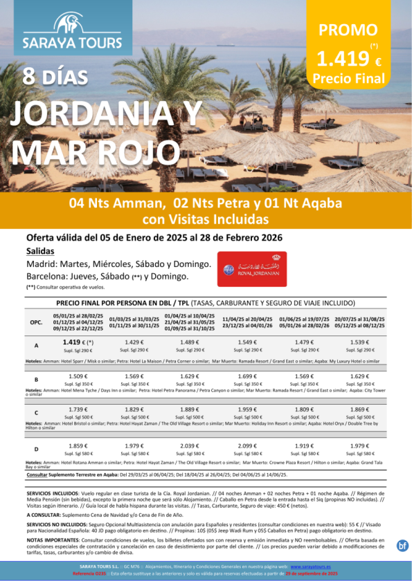 Jordania y Mar Rojo 8 días: Amman, Petra y Aqaba con Visitas Incluidas hasta Febrero 2027