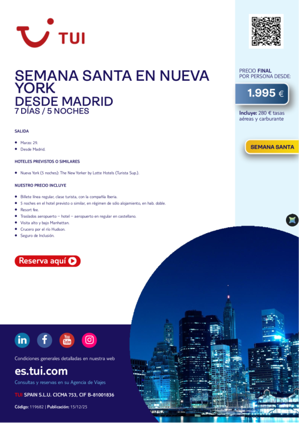Semana Santa en Nueva York. 7 días / 5 noches. Salida 29 MAR desde MAD desde 1.995 &euro; 