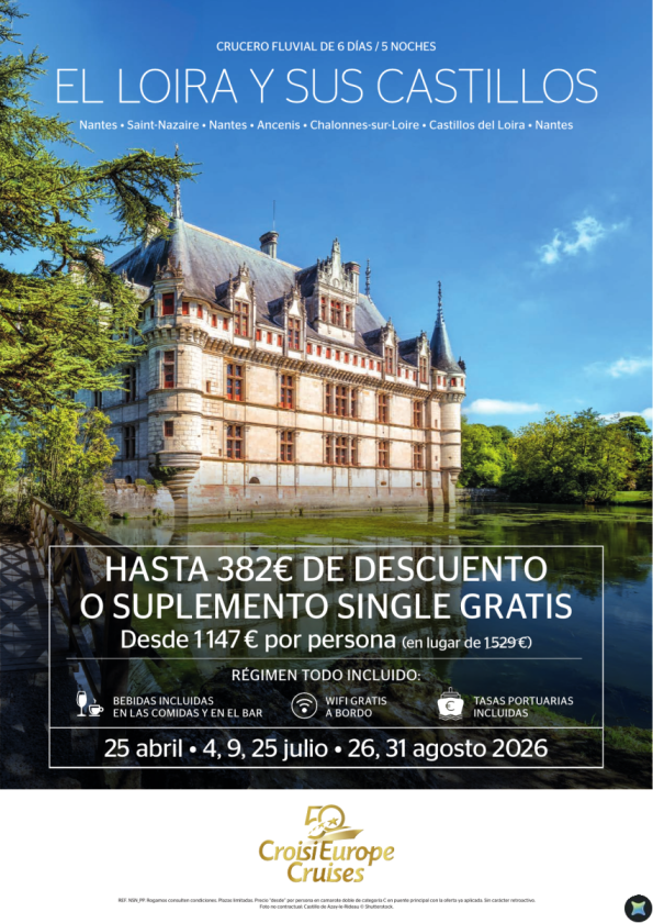 Hasta 382 &euro; DTO o suplemento single GRATIS - Crucero por el Loira - 6 días - Todo Incluido - de abril a agosto
