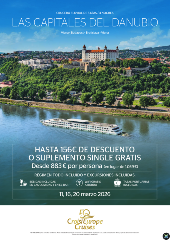 Hasta 156 &euro; DTO o suplemento single GRATIS - Crucero por el Danubio - 5 días - Todo Incluido - 11, 16, 20 marzo