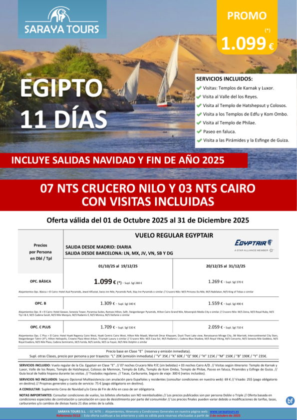 Egipto 11 días. Salidas Mad y Bcn *Crucero 7 noches y Cairo con Visitas Incluidas* dsd 109 &euro; hasta Sept26