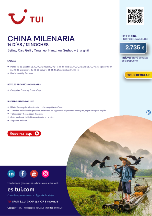 China Milenaria.  14 días / 12 noches. Tour Regular. Salidas 2026 desde MAD y BCN desde 2.735 &euro; 