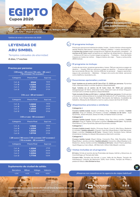 EGIPTO ?Leyendas de Abu Simbel??4cru+3cai?(? Madrid, Barcelona, Valencia, Málaga y Bilbao) desde 959 &euro; 