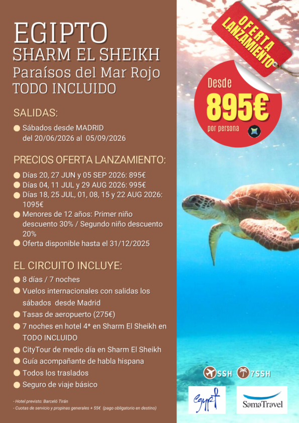 Oferta de Lanzamiento: Sharm El Sheikh, paraísos del mar rojo, 8 días Todo INCLUIDO, hotel 4*, Desde 895 &euro; 