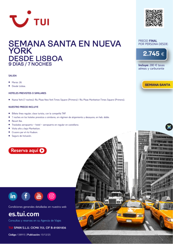 Semana Santa en Nueva York. 9 días / 7 noches. Salida 28 MAR desde LIS desde 2.745 &euro; 