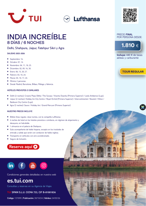 India Increíble. 8 días / 6 noches. Vuelos con LH. Tour Regular. Desde 1.810 &euro; 