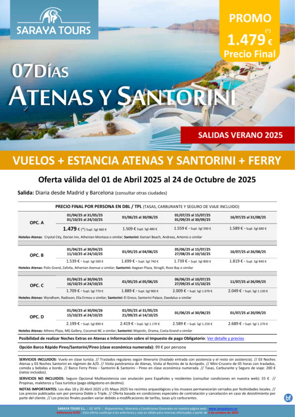Promo Islas! Atenas y Santorini 7 días: Vuelo, Hotel, Traslados y Visita Atenas Incluida hasta Oct 26