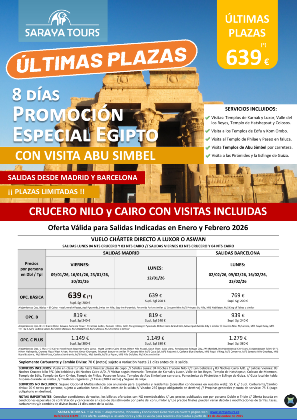 Últimas Plazas Promo Egipto con Abu Simbel 8 días. Vuelo chárter desde BCN & MAD. Crucero y Cairo con Visitas.
