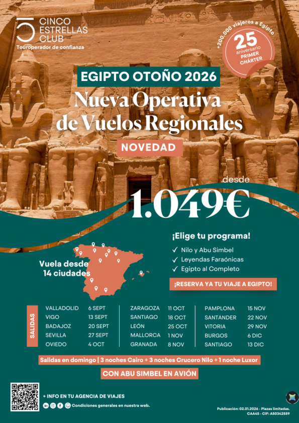 Nueva operativa Vuelos Regionales . Egipto Otoño 2026 dsde 1.049 &euro; con salida dsde 14 ciudades
