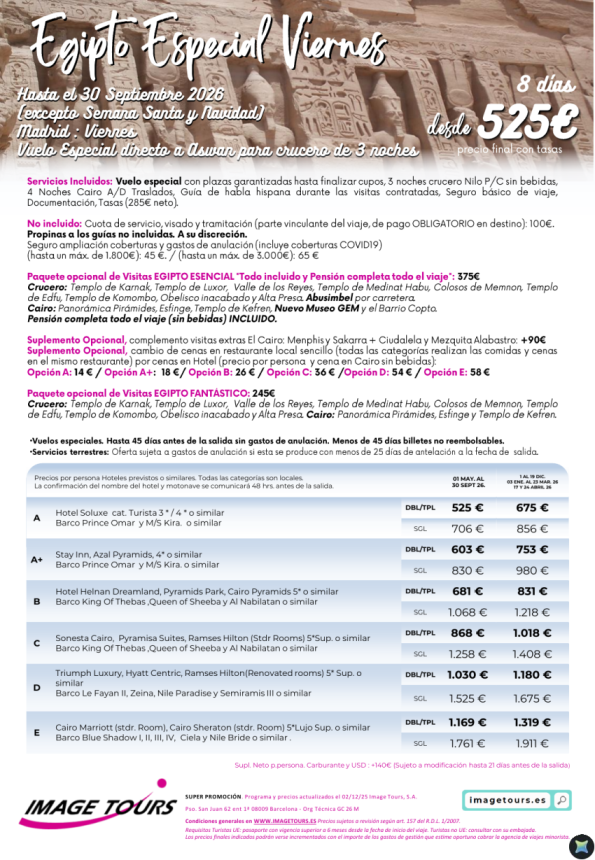 Egipto Especial Viernes hasta septiembre 2026, 8 días de viaje con plazas garantizadas desde solo 525 &euro; 