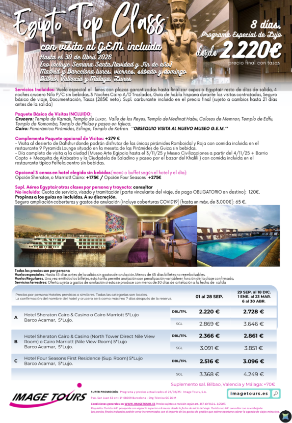 Egipto TOPCLASS 8 días de viaje de Lujo con precios hasta abril 2026 ¡Incluye visita al GEM! desde 2220 &euro; 